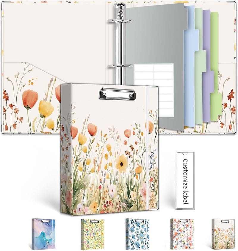 KLLVE Mini Binder Organizer for 5.5" x 8.5" Paper ，1 Inch 3 Ring Binder with Clipboard, 5-Tabs Pockets Dividers, Plastic Folder, 18 Divider Stikers, Pen Loop (Weed, Half Letter Size) - Image 1